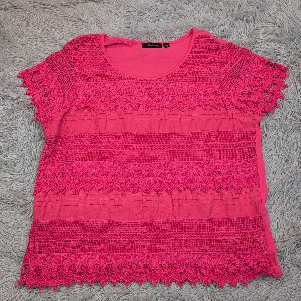 Notations Shirt Womens L Pink Lace Blouse Sheer Top‎ Casual Comfort Lightweight